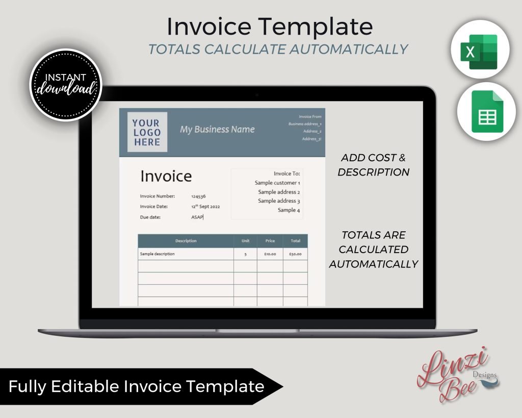 Editable Invoice Template Excel, Google Sheets Invoice|Instant Download ...