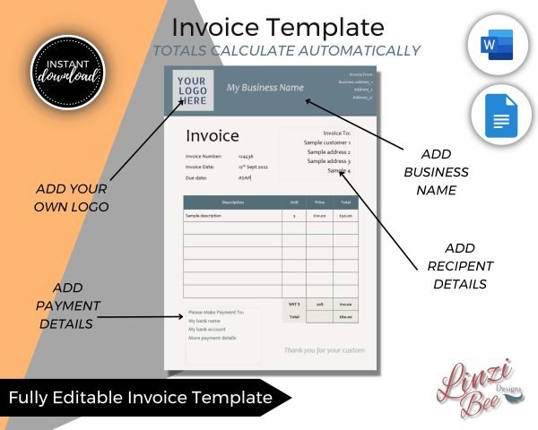 Invoice Template WORD, Editable Invoice, Invoice printable, Invoice Template for Small Business, Invoice Template Download - Image 2